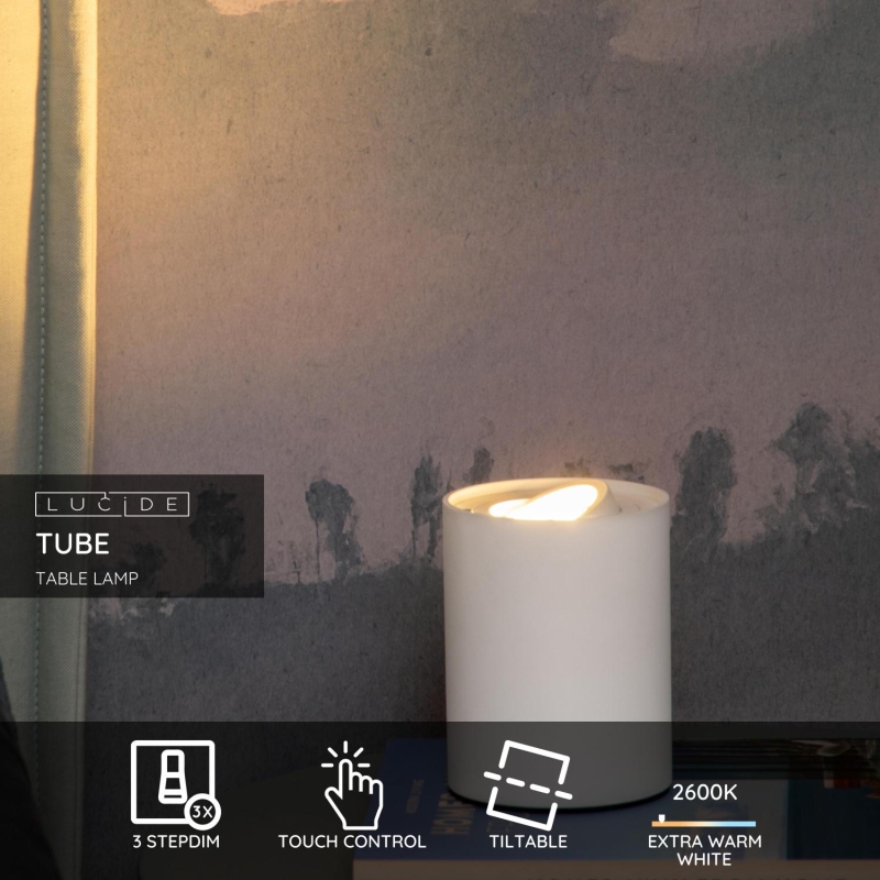 Lucide TUBE - Stolová lampa - Ø 9,6 cm - LED Rozm. - GU10 - 1x5W 2600K/2800K - 3 StepDim - Biela